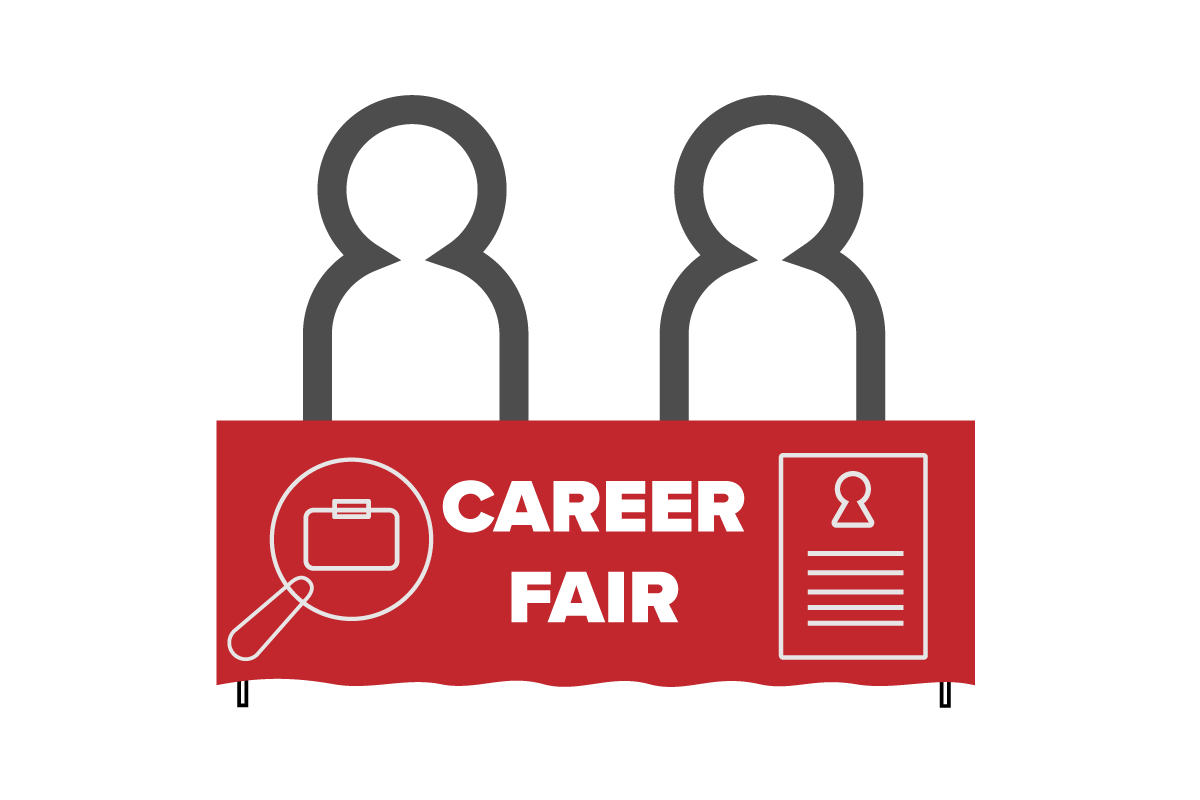 Career fair logo featuring two graphic figures behind a table with the words Career Fair written on it.